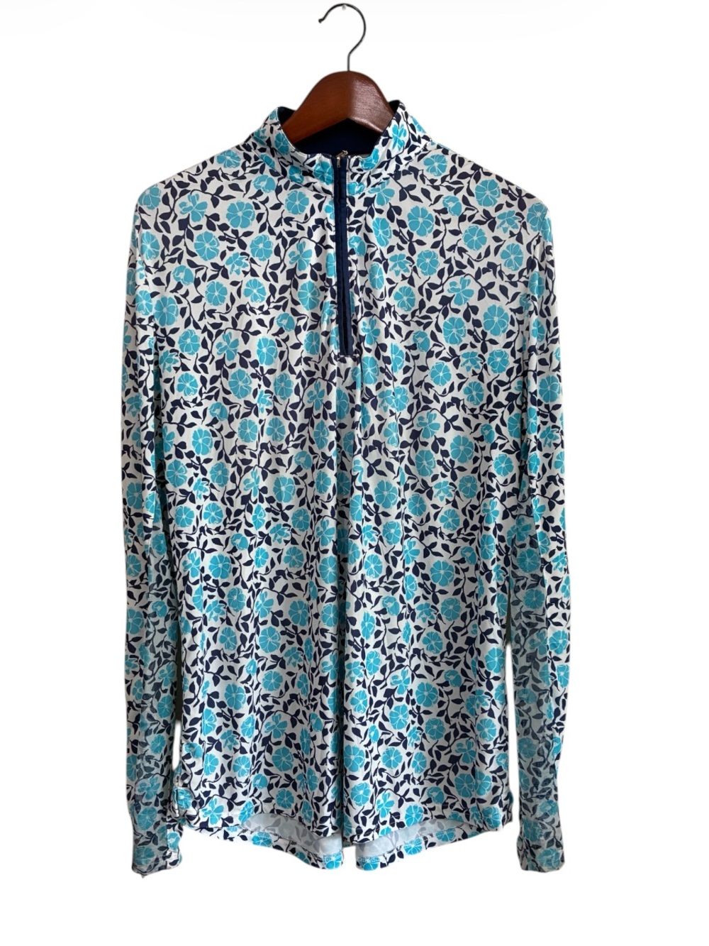 SanSoleil Women's Blue Floral Quarter-Zip Pullover Golf UV50 Sun Top Size XL